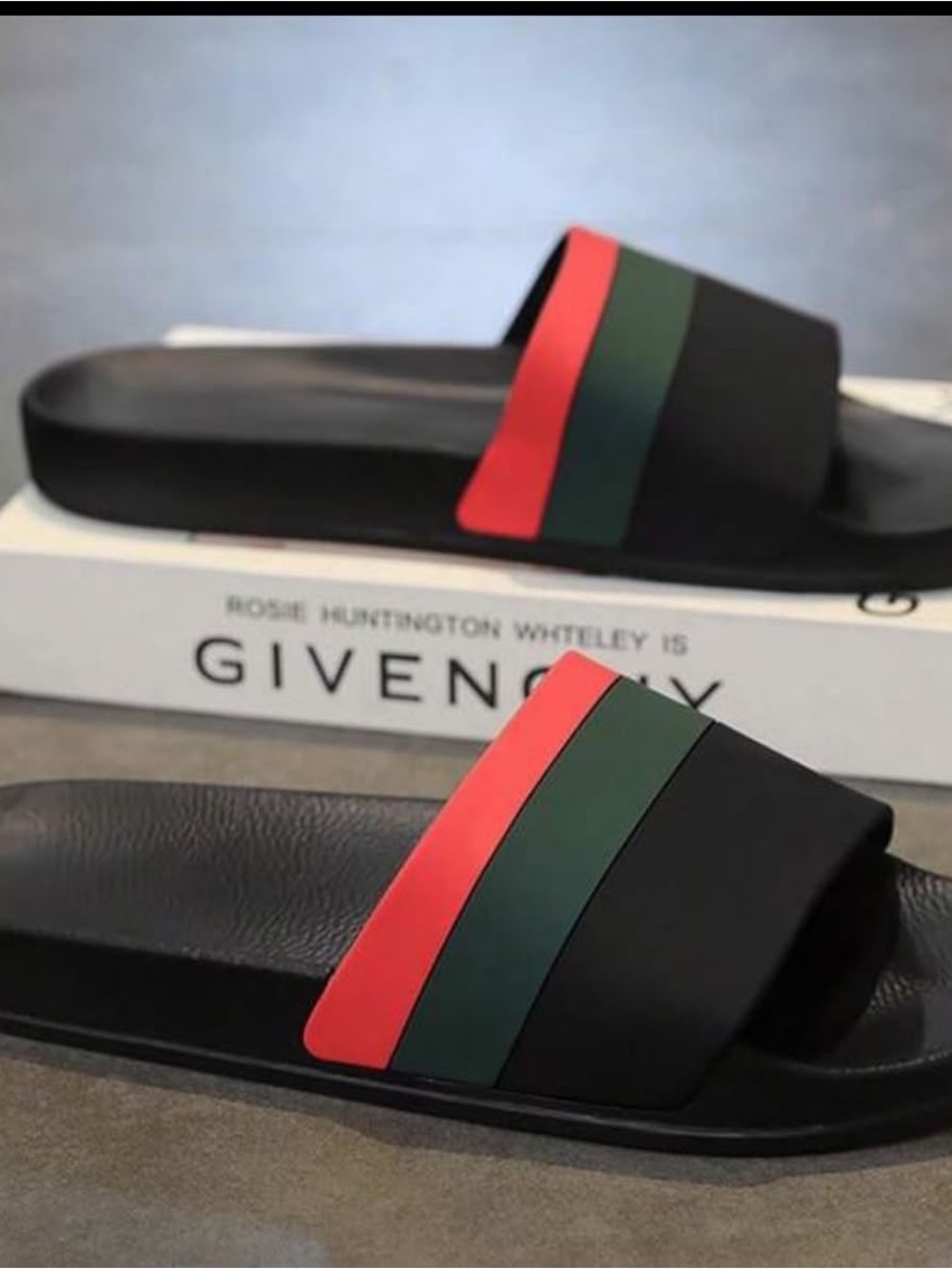 Black Slide Sandals with Red and Green Stripes - Men's
